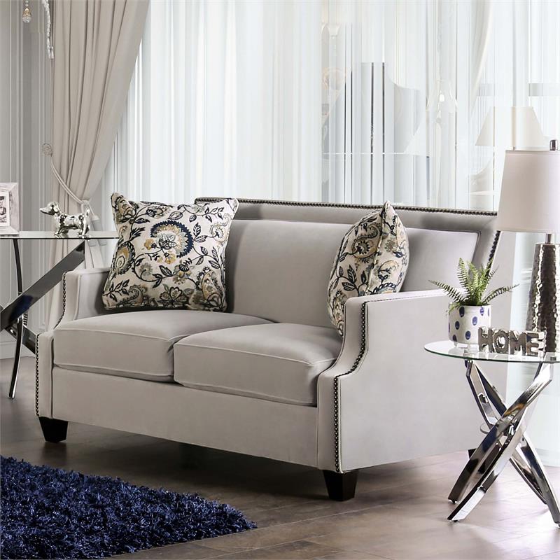 Furniture of America Brier Transitional Fabric Nailhead Loveseat in Light Gray