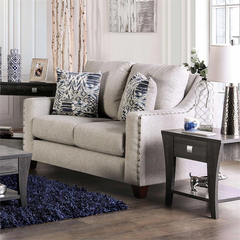 Furniture of America Brill Transitional Fabric Nailhead Loveseat in Light Gray