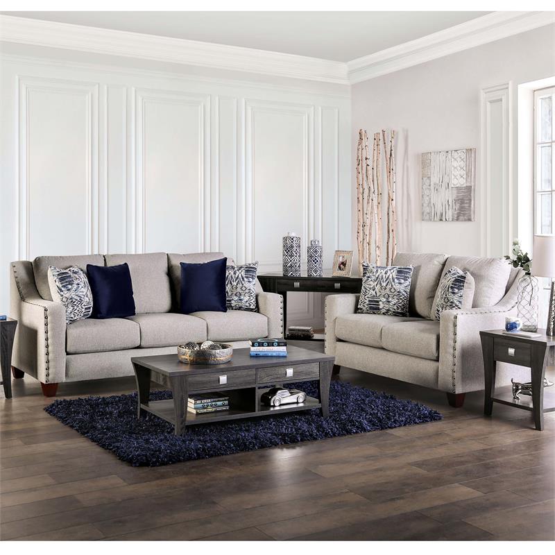 Furniture of America Brill Transitional Fabric Nailhead Loveseat in Light Gray
