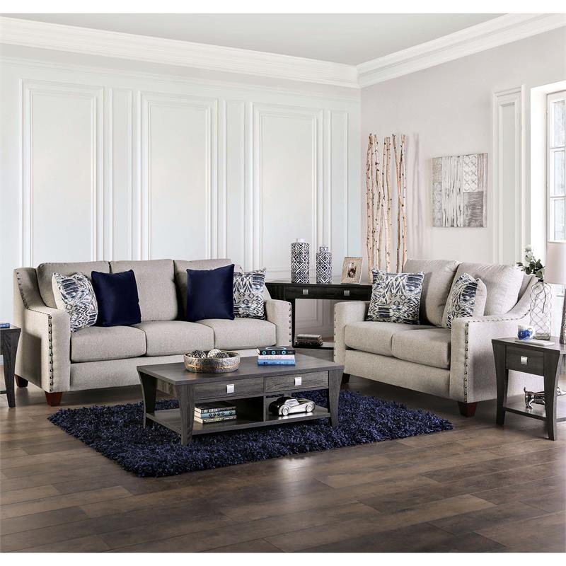 Furniture of America Brill Transitional Fabric Nailhead Sofa in Light Gray