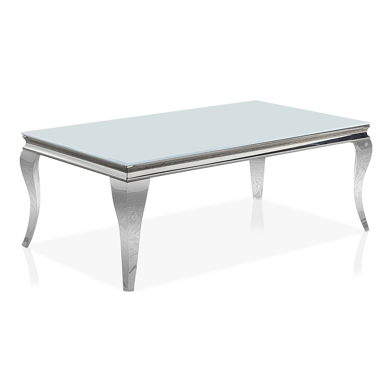 Furniture of America Alang Glam Glass Top Coffee Table in White and Silver