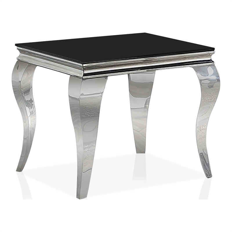 Furniture of America Alang Glam Glass Top End Table in Black and Silver
