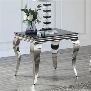 furniture of america alang glam glass top end table in black and silver