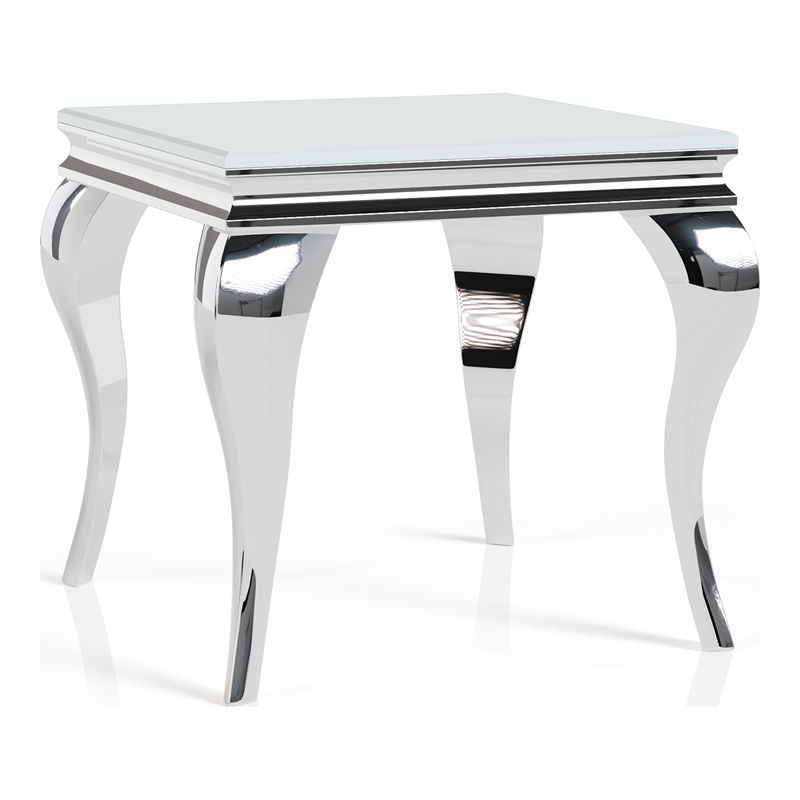 Furniture of America Alang Glam Glass Top End Table in White and Silver