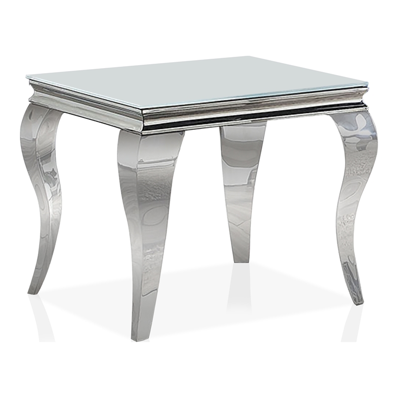 Furniture of America Alang Glam Glass Top End Table in White and Silver