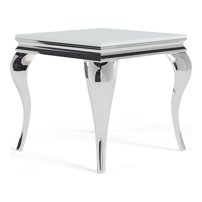 Furniture of America Alang Glam Glass Top End Table in White and Silver