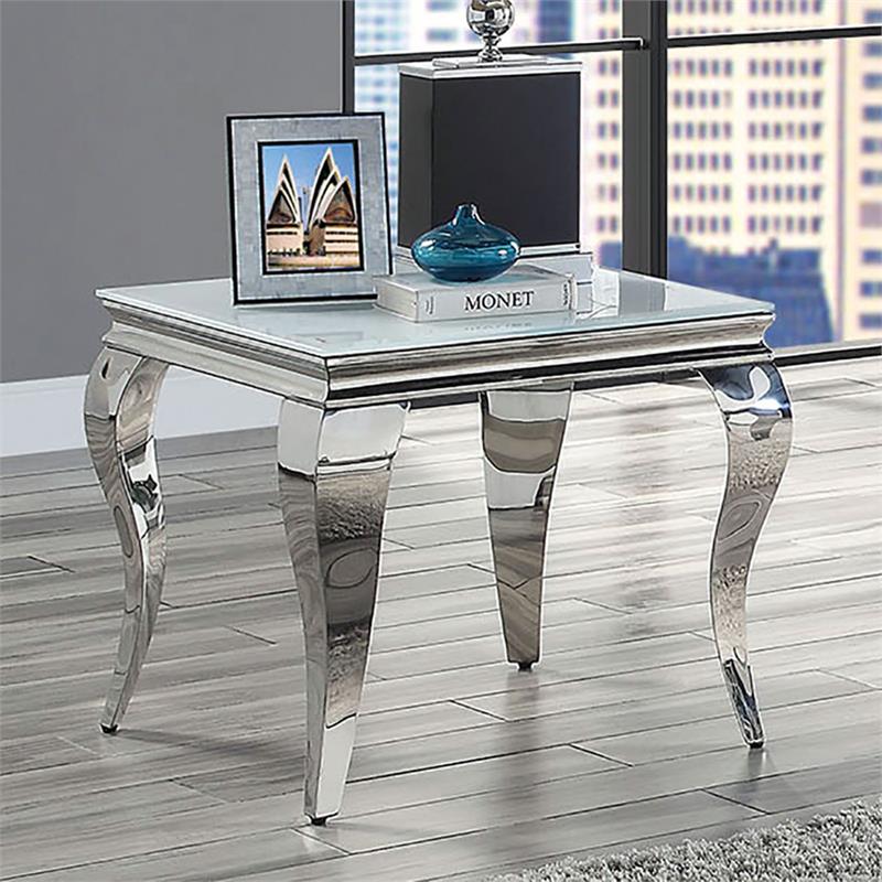 Furniture of America Alang Glam Glass Top End Table in White and Silver