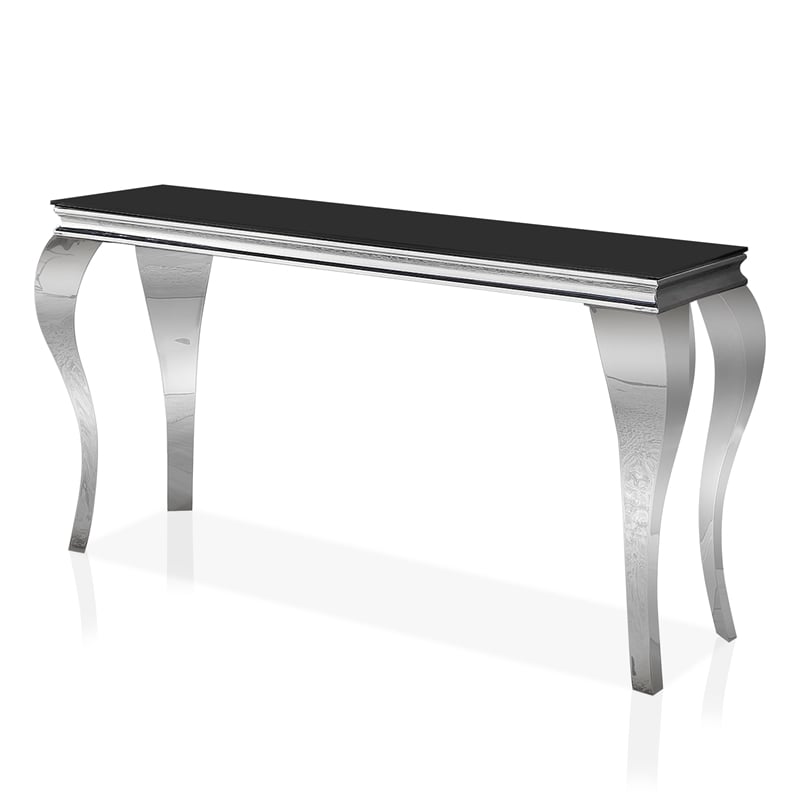 Furniture of America Alang Glam Glass Top Sofa Table in Black and Silver
