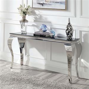 furniture of america alang glam glass top sofa table in black and silver