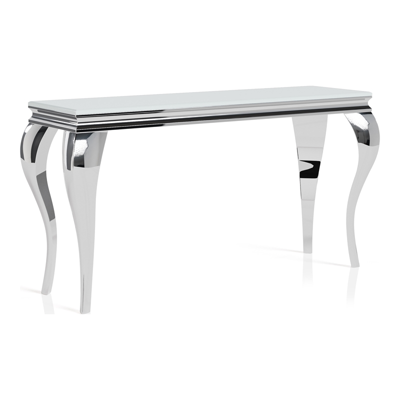 Furniture of America Alang Glam Glass Top Sofa Table in White and Silver