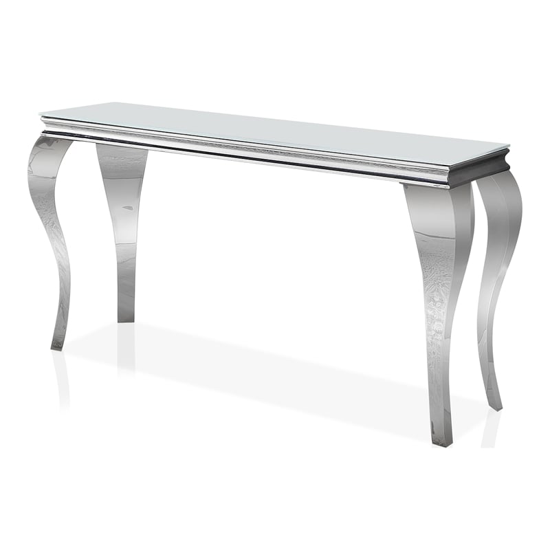 Furniture of America Alang Glam Glass Top Sofa Table in White and Silver