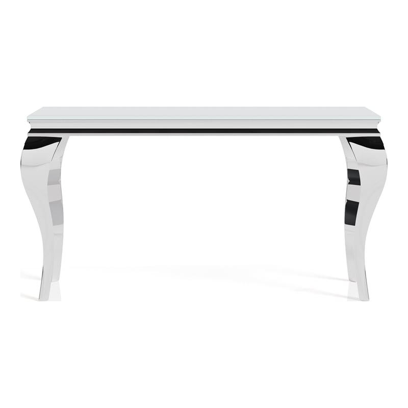 Furniture of America Alang Glam Glass Top Sofa Table in White and Silver