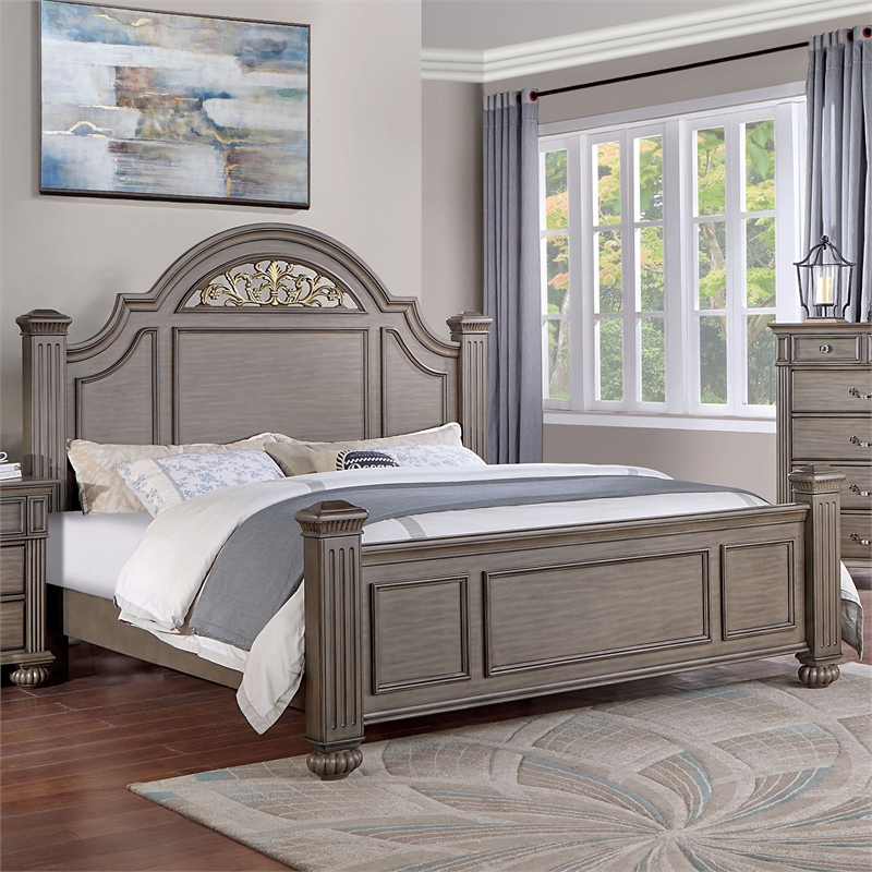 Furniture of America Damos Solid Wood King Panel Bed in Gray