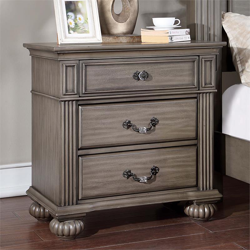Furniture of America Damos Solid Wood 3-Drawer Nightstand in Gray