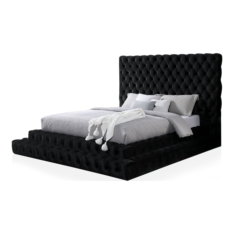Furniture of America Biron Glam Fabric Tufted Platform King Bed in Black