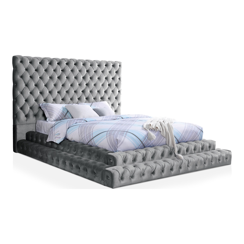 Furniture of America Biron Glam Fabric Tufted Platform King Bed in Gray