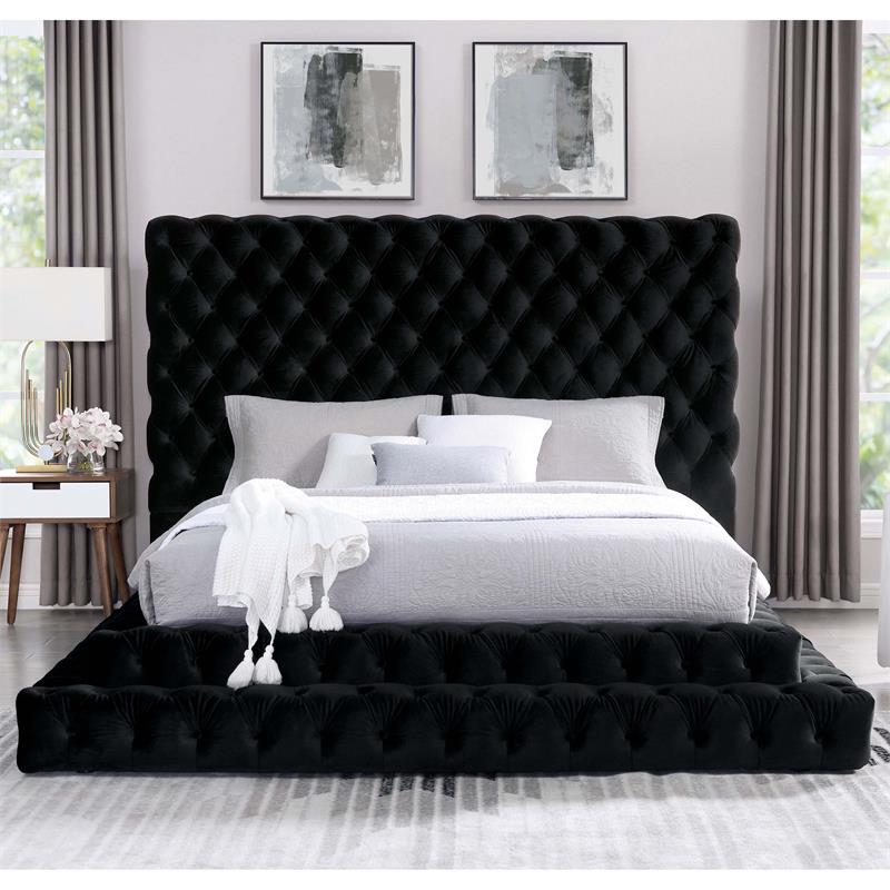 Furniture of America Biron Glam Fabric Tufted Platform Queen Bed in Black