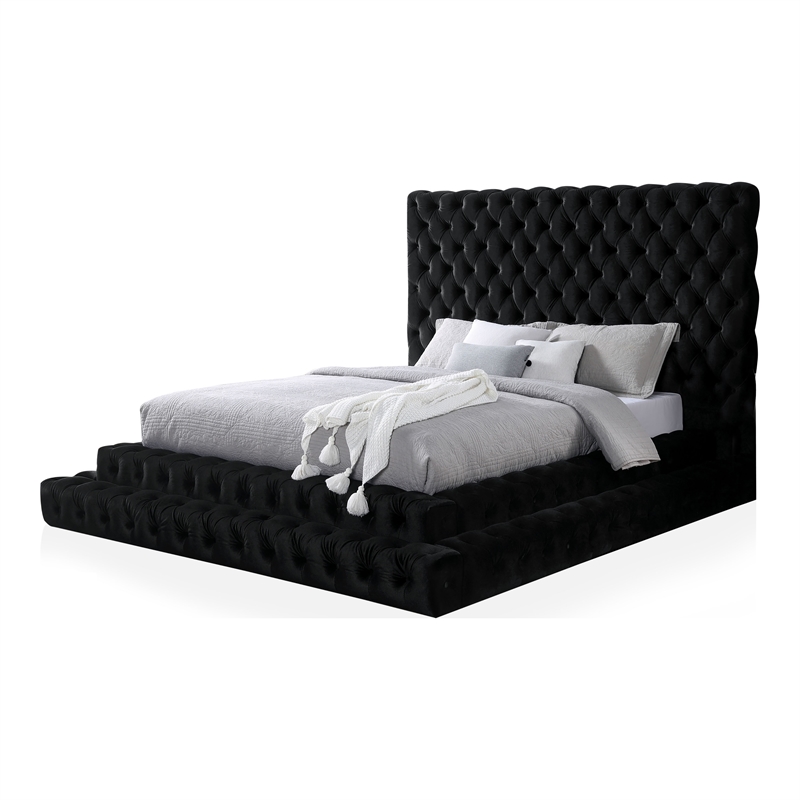 Furniture of America Biron Glam Fabric Tufted Platform Queen Bed in Black