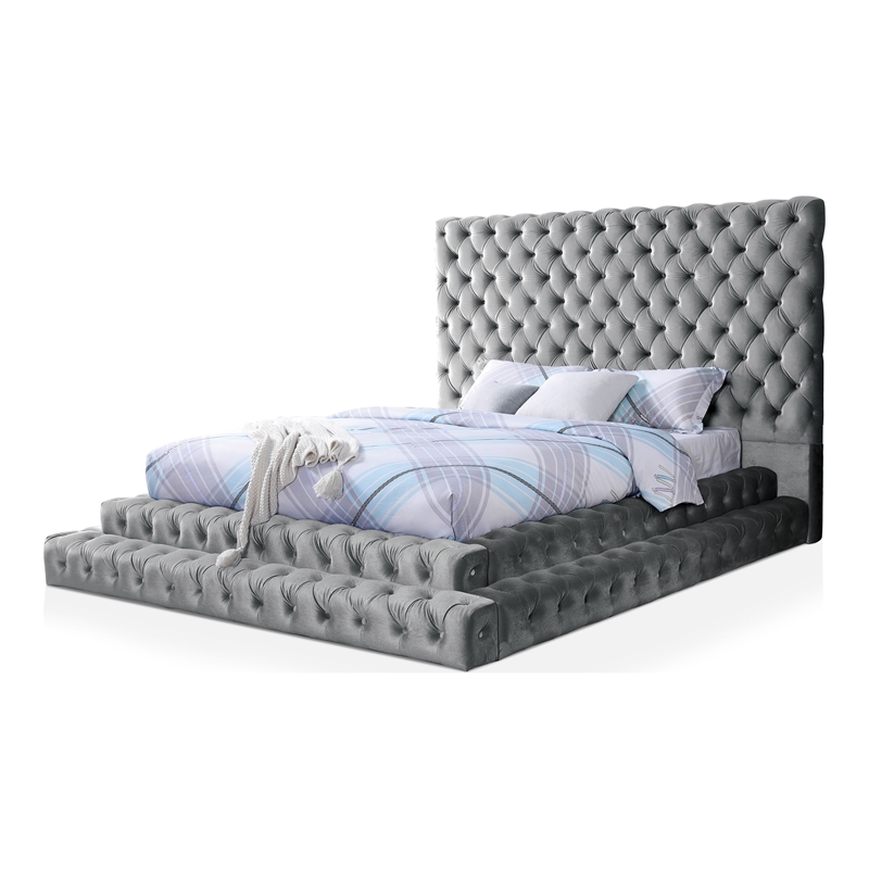 Furniture of America Biron Glam Fabric Tufted Platform Queen Bed in Gray
