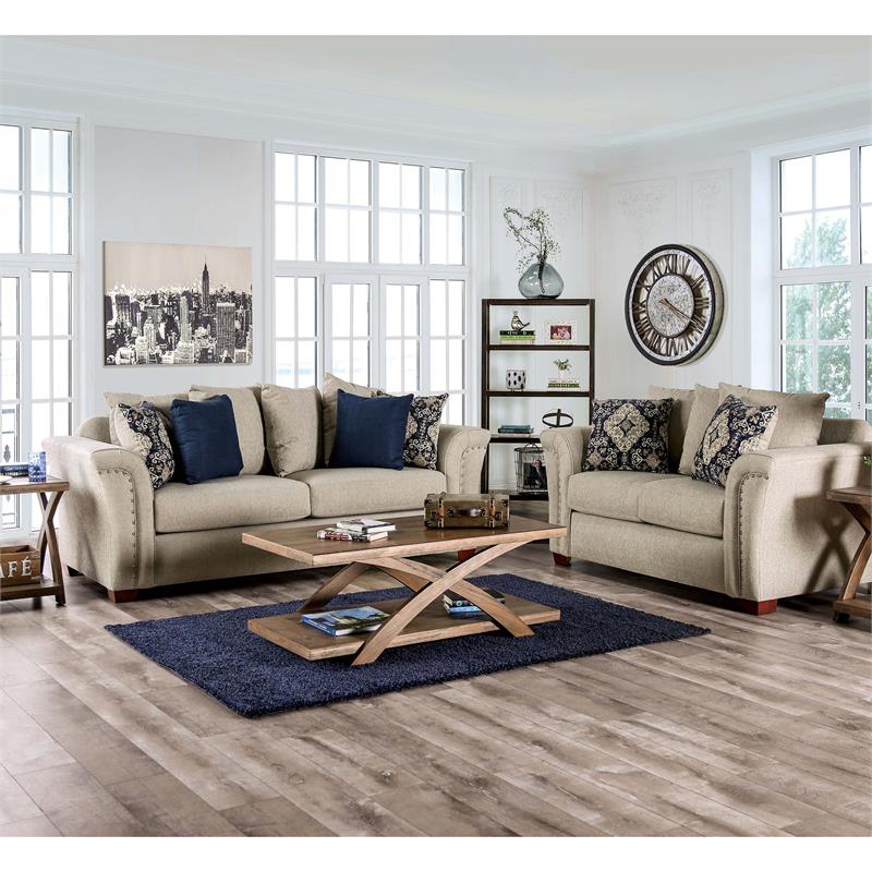 Furniture of America Jaqui Transitional Fabric Nailhead Loveseat in Beige