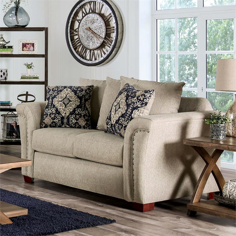 Furniture of America Jaqui Transitional Fabric Nailhead Loveseat in Beige