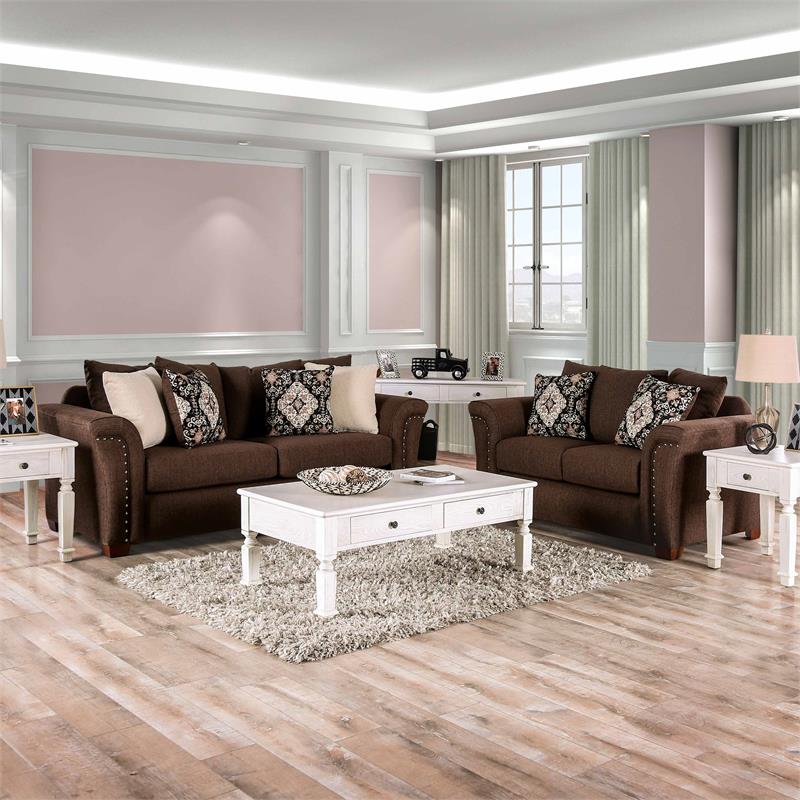 Furniture of America Jaqui Transitional Fabric Nailhead Loveseat in Chocolate