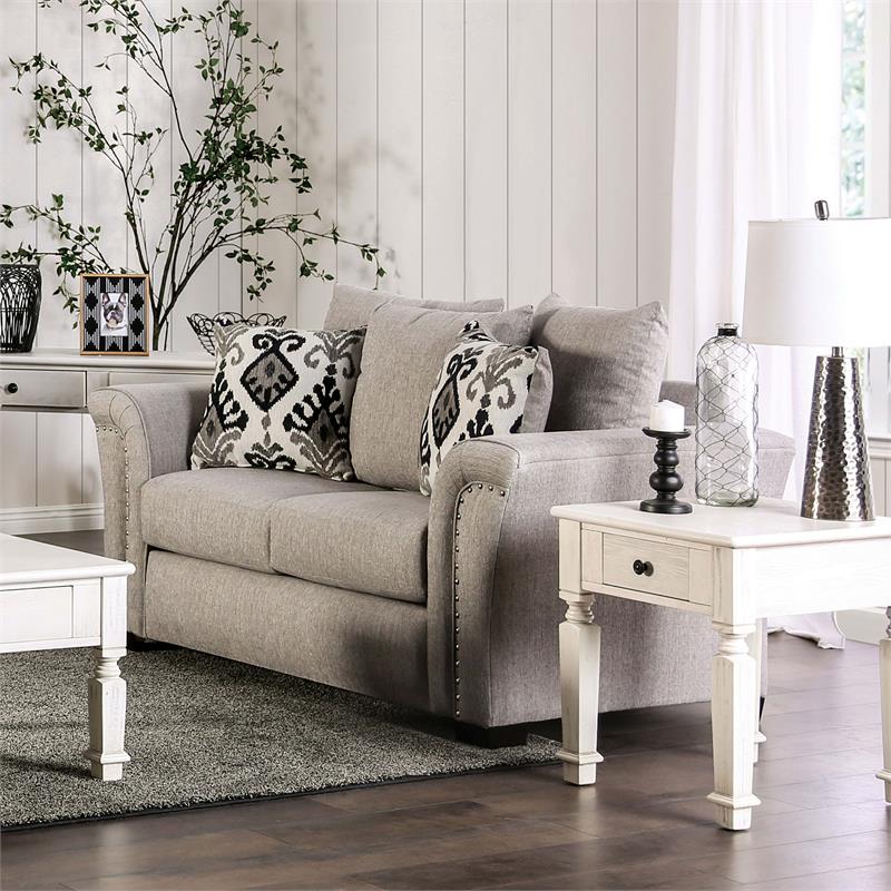 Furniture of America Jaqui Fabric Nailhead Loveseat in Light Taupe Brown