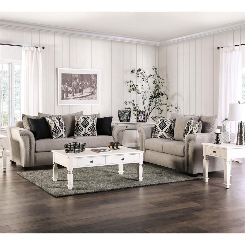 Furniture of America Jaqui Fabric Nailhead Loveseat in Light Taupe Brown