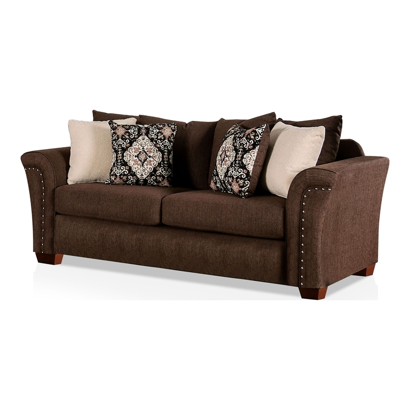Furniture of America Jaqui Transitional Fabric Nailhead Sofa in Chocolate