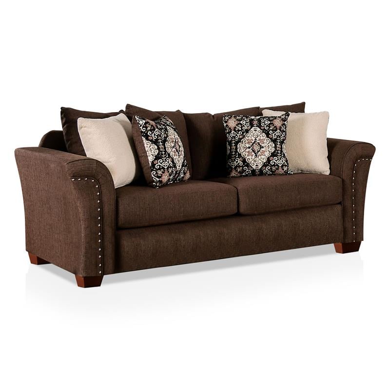 Furniture of America Jaqui Transitional Fabric Nailhead Sofa in Chocolate