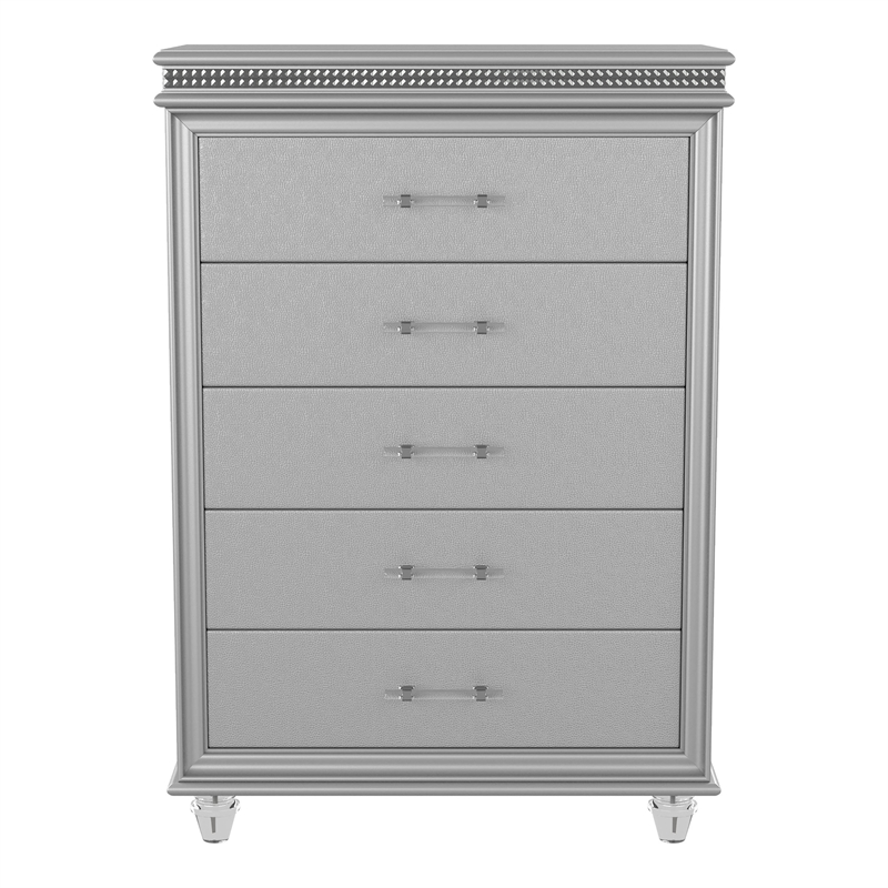 Furniture of America Plumley Contemporary Solid Wood 5-Drawer Chest in Silver
