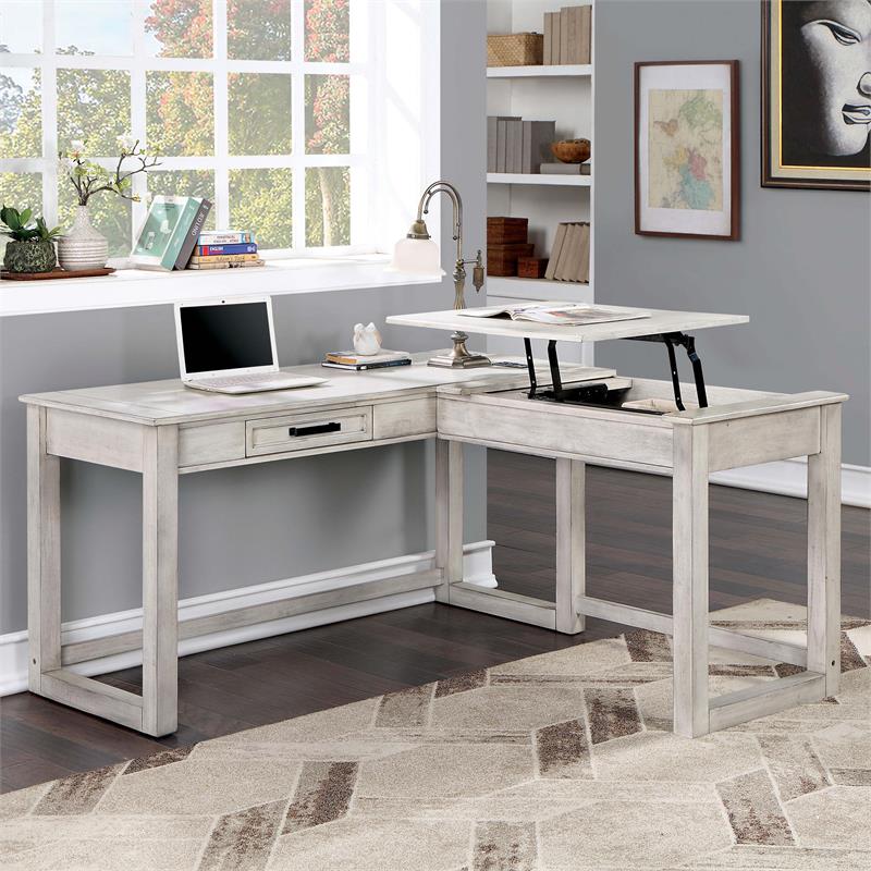 Furniture of America Aaryn Solid Wood Lift-Top Corner Desk in Antique White