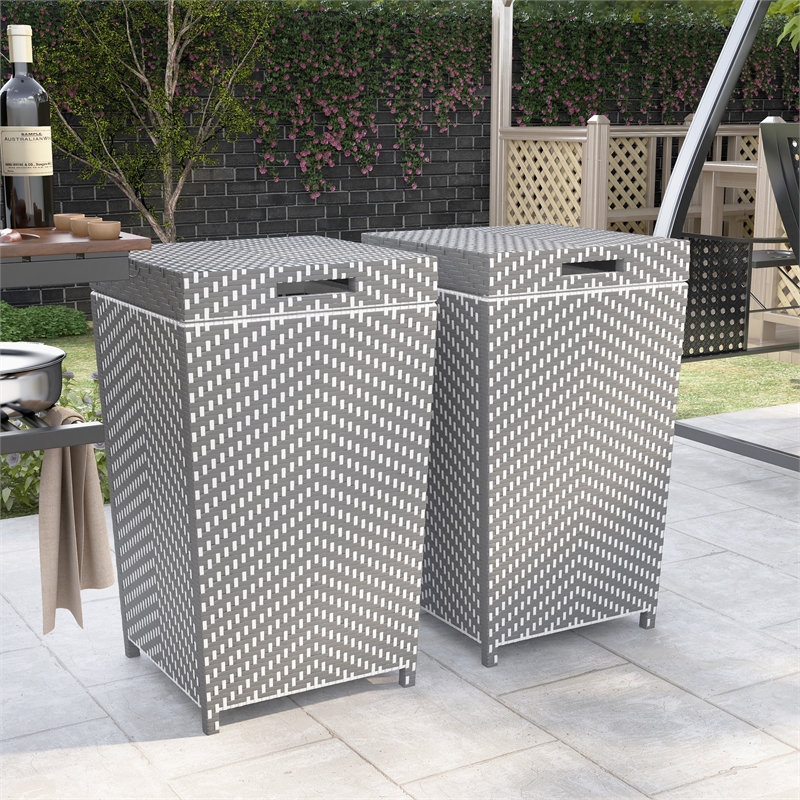 FOA Azur Outdoor Aluminum & Wicker Outdoor Trash Can in Gray 2PC Set
