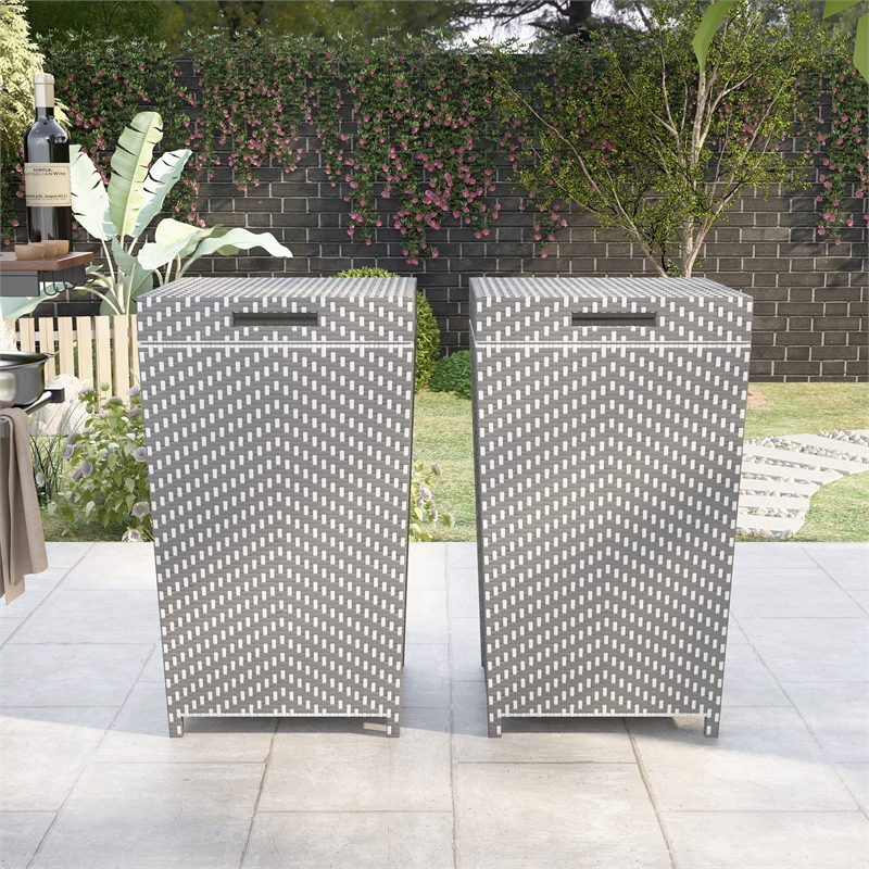 FOA Azur Outdoor Aluminum & Wicker Outdoor Trash Can in Gray 2PC Set