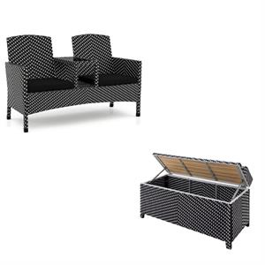 foa azur black aluminum & wicker patio loveseat + storage bench set of 2