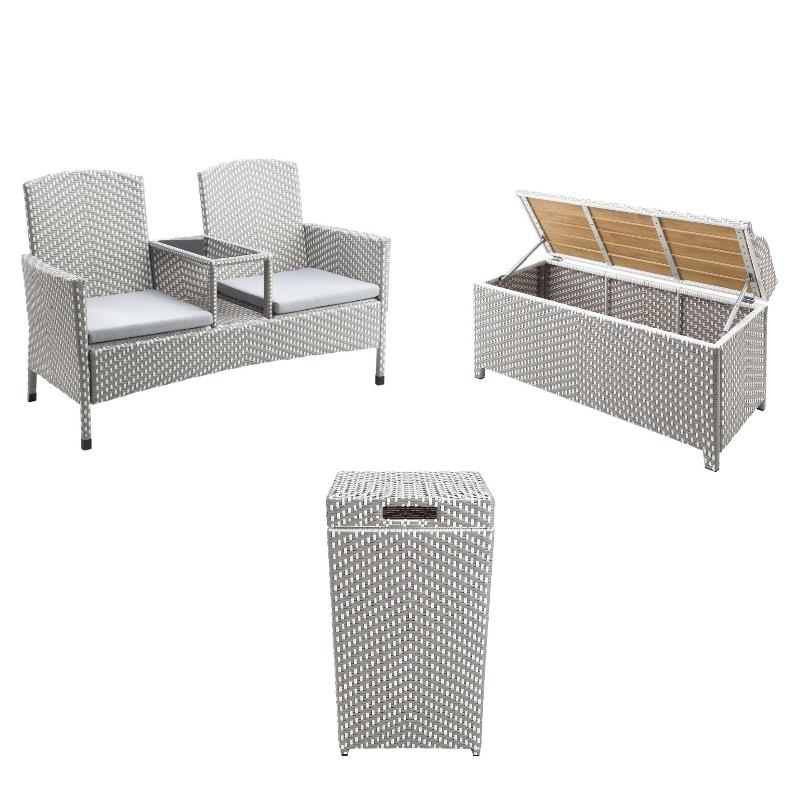 FOA Azur Outdoor Aluminum/Wicker Loveseat + Storage Bench + Trash Can 3PC Set