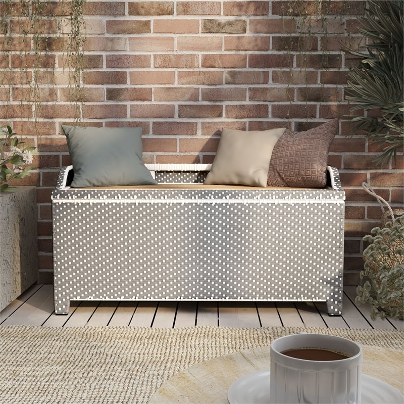 FOA Azur Outdoor Aluminum & Wicker Outdoor Storage Bench + Bin 2pc Set