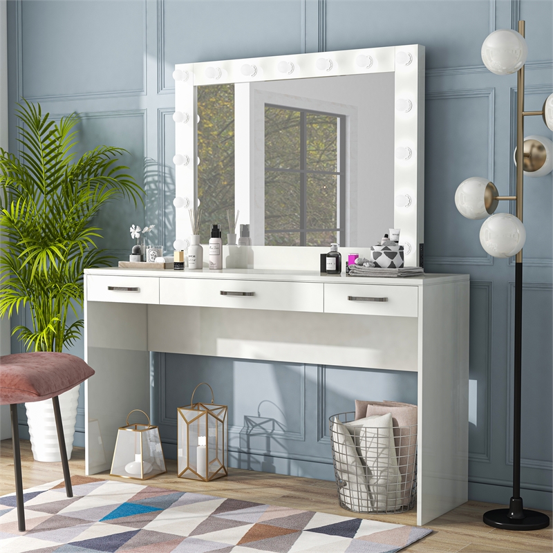 Furniture of America Olive White Wood Hollywood Lighted Vanity Table with Mirror