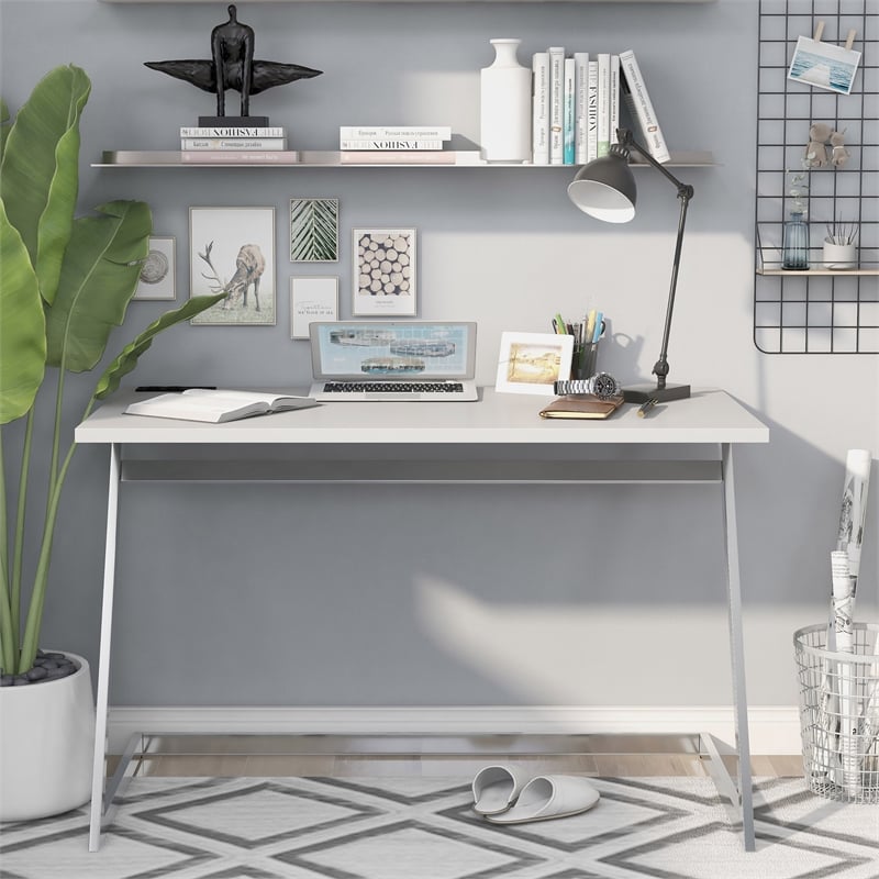 Furniture of America Cornica Metal Writing Desk with USB in White and Chrome