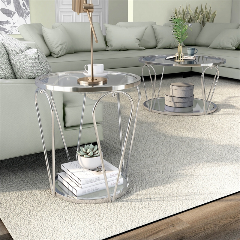 Furniture of America Miffa Contemporary Metal 2-Piece Coffee Table Set in Chrome