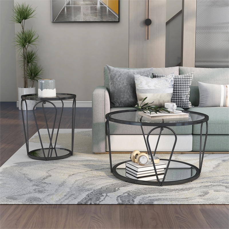 Furniture of America Miffa Contemporary Metal 2-Piece Coffee Table Set in Black
