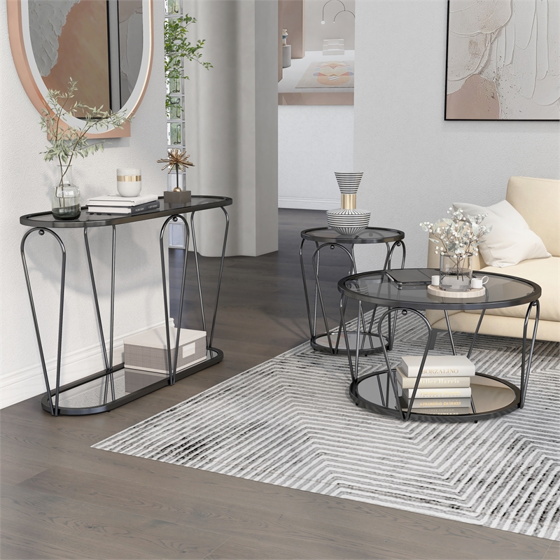 Furniture of America Miffa Contemporary Metal 3-Piece Coffee Table Set in Black
