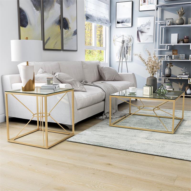 FOA Set of 3 Cevelle Contemporary Glass Top Living Room Tables in Gold