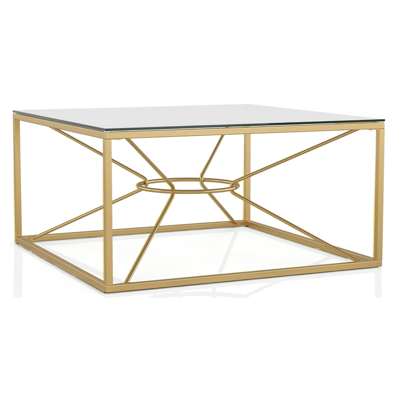 FOA Set of 3 Cevelle Contemporary Glass Top Living Room Tables in Gold