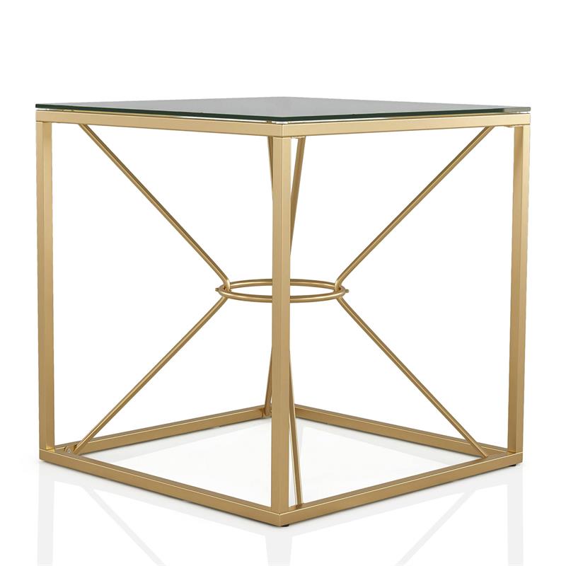 FOA Set of 3 Cevelle Contemporary Glass Top Living Room Tables in Gold