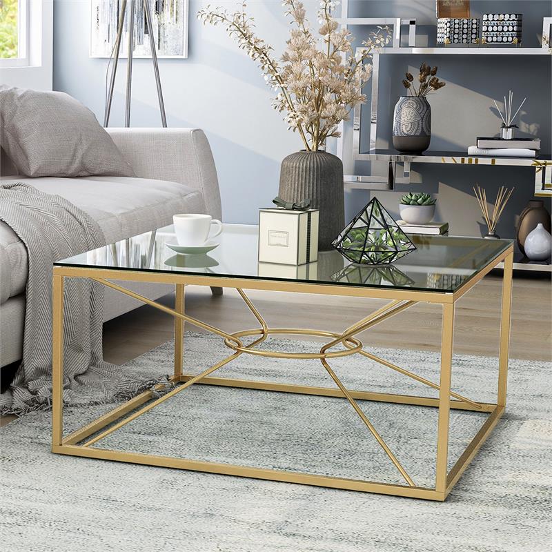 FOA Set of 3 Cevelle Contemporary Glass Top Living Room Tables in Gold