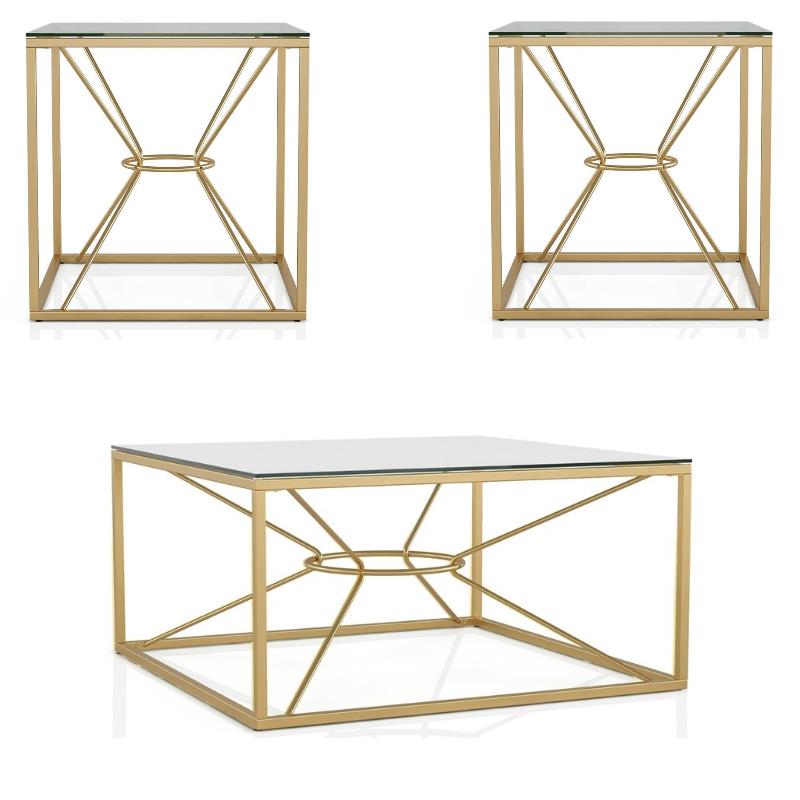 FOA Set of 3 Cevelle Contemporary Glass Top Living Room Tables in Gold