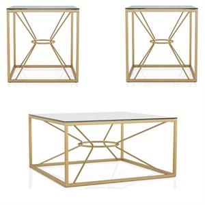 FOA Set of 3 Cevelle Contemporary Glass Top Living Room Tables in Gold