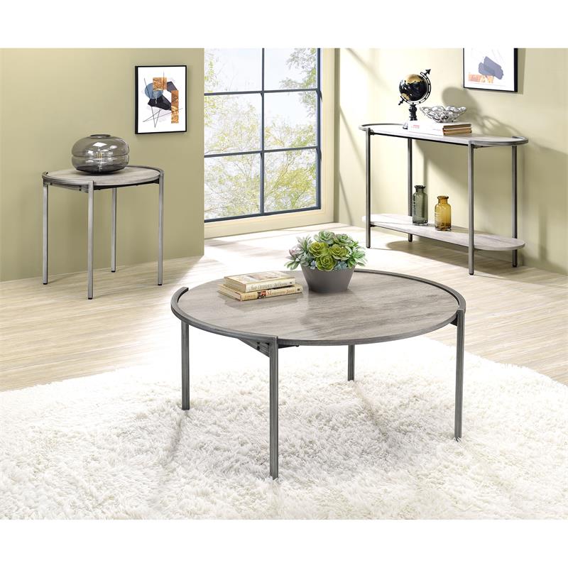 FOA Set of 3 Mordicai Metal Living Room Tables in Light Gray