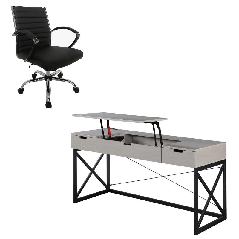 FOA 2-Piece 60 Inch Light Gray Wood Lift Top Desk and Home Office Chair Set